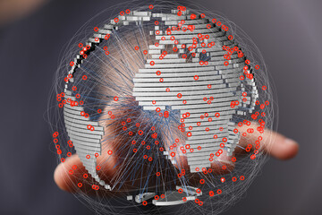 Fototapete - Hand holding a 3D model of Earth, showcasing global connections and data flow.
