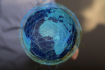 Fototapete - Digital world map, global communication, internet connections, data transfer, network technology.
