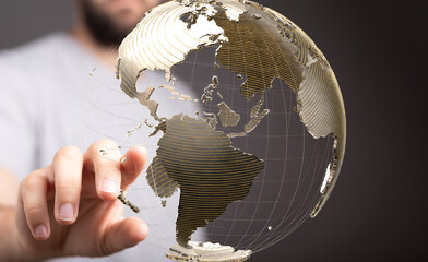 Aufkleber - High-quality stock photo of a hand interacting with a digital globe, representing global connections and networking.