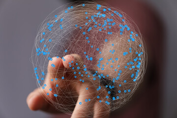 Aufkleber - Abstract image of a hand interacting with a digital global network.  Represents connection, technology, and communication.