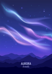 Wall Mural - Realistic landscape of the northern lights in the dark sky. Beautiful background design. Vector image.