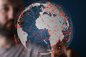 Aufkleber - A 3D model of Earth showcasing interconnected data points, ideal for illustrating global networks, communication, or data visualization.