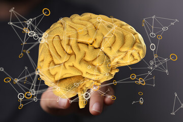 Leinwandbilder - 3D golden brain model.  Concept of AI, neural network,  human intelligence,  brainpower, and technology.
