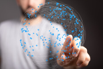 Fototapete - Abstract image of a person interacting with a digital global network, representing connection and communication.