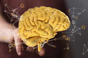 Leinwandbilder - Abstract image of a golden brain with neural network connections.  Represents intelligence, AI, and cognitive function.