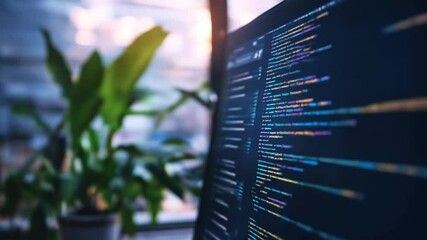 Coding monitor next to verdant plant