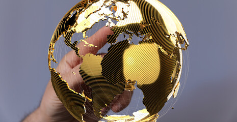 Fototapete - Hand interacting with a golden globe, symbolizing global connection, international business, and worldwide network.