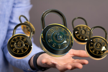 Aufkleber - Image of several combination locks hovering over an open hand, symbolizing data security and protection.