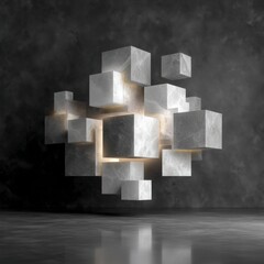 Poster - Abstract 3D Render  Glowing Marble Cubes  Geometric Shapes  Dark Background