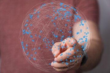 Fototapete - Abstract image of a hand interacting with a global network, representing connection and technology.