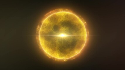 Poster - Bright yellow energy sphere emitting glowing plasma waves and central light core on a dark background
