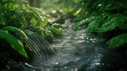 Wall Mural - A peaceful scene with a stream flowing through a dense and vibrant forest.