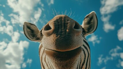 Poster - A close-up view of a giraffe's face with fluffy clouds in the background
