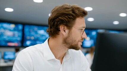 Poster - Focused Professional Man in Glasses Working with Technology and Data on Multiple Screens in Modern Office Environment