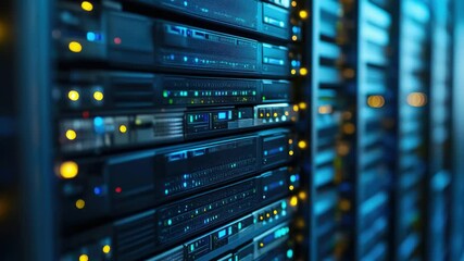 Poster - Rows of servers in a data center facility, ideal for tech-related concepts and infrastructure images.