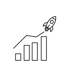 Poster - Rocket Launching on Chart: A minimalist line drawing shows a rocket launching from a bar graph, symbolizing business growth and successful project starts.