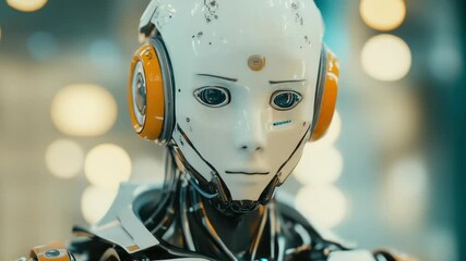 Poster - Close-up shot of a robot wearing headphones, ideal for technology and innovation concept images