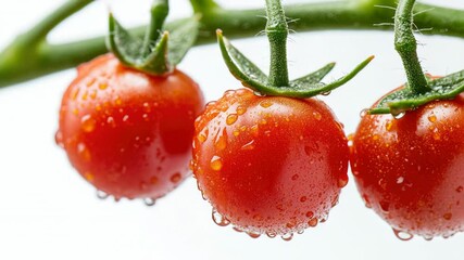 Poster - Fresh tomatoes on a vine with water droplets, ideal for food or still life photography