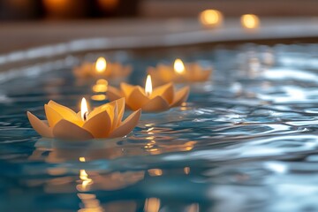 Poster - Lotus-shaped candles floating in a calm indoor pool, with gentle ripples reflecting their golden flames 