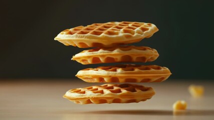 Poster - A stack of waffles sitting on a wooden table, perfect for breakfast or brunch