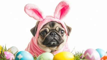 Poster - A playful pug dog dressed as an Easter bunny surrounded by colorful Easter eggs