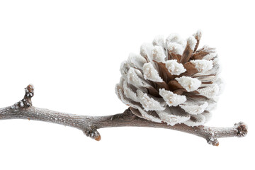 Poster - Frost-covered pine cone on a branch, winter scene, nature's beauty. background removed
