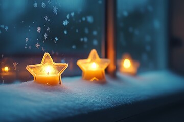 Poster - Star-shaped candles glowing atop a snowy windowsill, casting warm reflections on frost-covered glass 