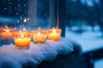 Poster - Star-shaped candles glowing atop a snowy windowsill, casting warm reflections on frost-covered glass 
