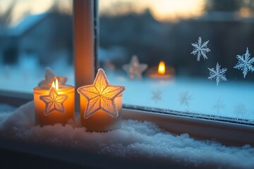 Poster - Star-shaped candles glowing atop a snowy windowsill, casting warm reflections on frost-covered glass 