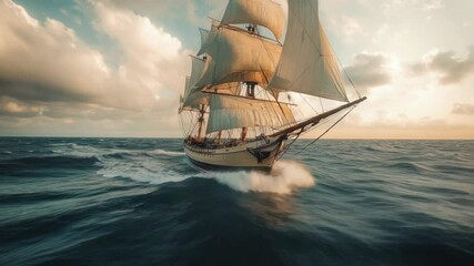 Fototapete - A sailboat gliding across the ocean's surface as the sun sets, creating a warm glow