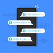 © Ukio.stock - Phone with voice message. Smartphone screen with multiple chat bubbles of voice note messages and audio waveform icons for messaging apps, voicemail UI design. Vector concept