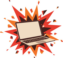 Poster - Laptop computer with orange and red explosion background digital technology concept vector illustration 