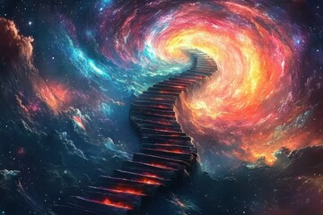 Poster - Mystical staircase rises into a vibrant cosmic galaxy filled with swirling colors and celestial wonders, Mystical staircase ascends into cosmic galaxy filled with colorful spirals of stars and nebulae