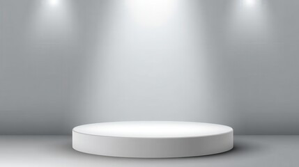 Poster - Spotlights casting dramatic white light on minimalist round podium, highlighting central performance area with clean, professional staging for product display