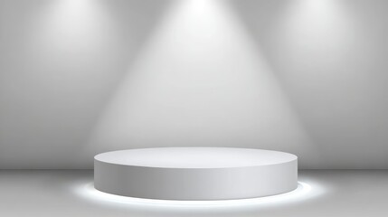 Poster - White round podium illuminating by spotlights in studio creates minimalist and elegant space for product presentation, perfect for showcasing goods or awards