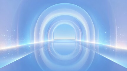 Poster - Multiple glowing concentric circles form an ethereal portal reflecting on a glossy surface, with sparkling particles adding a touch of magic to the serene blue environment