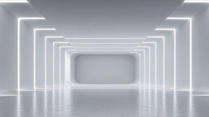Fototapete - Sleek white interior featuring glowing neon illumination, providing minimalist backdrop for product displays, tech presentations, and innovative creative projects