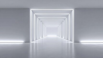 Fototapete - White futuristic corridor with glowing neon illumination stretching toward bright endpoint, suggesting technological journey and aspirational pathway