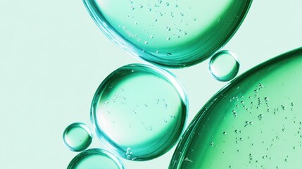 Poster - Green circular shapes in varying sizes resembling droplets, clustering against pale background, highlighting organic texture and luminous quality with abstract composition