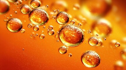 Poster - Golden bubbles floating within orange liquid, creating abstract pattern against blurred background, suggesting scientific or cosmetic visual concept