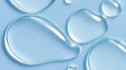 Poster - Transparent skincare liquid cascading with effervescent bubbles over soft blue backdrop, highlighting moisturizing beauty essence and clean cosmetic texture