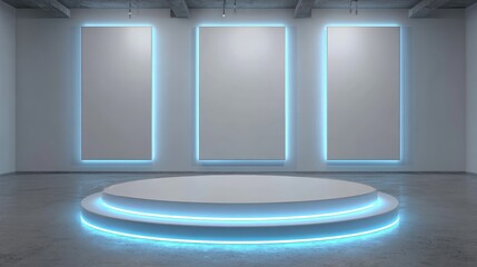 Fototapete - Minimalist art gallery interior with glowing circular podium, three blank canvases illuminated by blue neon lighting, creating clean contemporary exhibition space