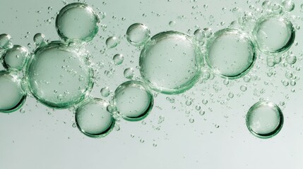 Poster - Translucent soap bubbles varying in size drifting across pale green surface, forming ethereal abstract pattern with delicate visual depth