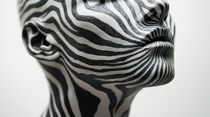 Poster - A close-up of a black and white portrait sculpture with abstract lines.