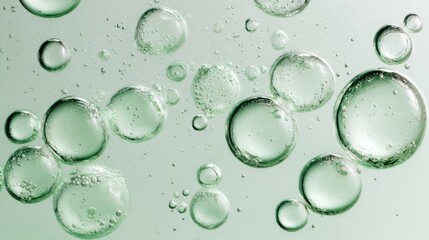 Poster - Green translucent spheres varying in size hovering above liquid surface, generating abstract texture with scientific, cosmetic like appearance