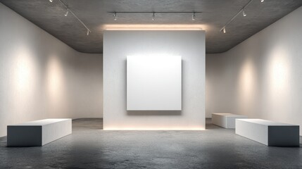 Poster - White minimalist gallery interior with spotlighting casting dramatic shadows, highlighting blank canvas near clean architectural benches, representing contemporary art exhibition design