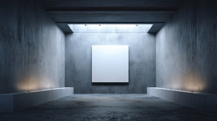 Poster - Large blank canvas hanging on a concrete wall in an empty art gallery interior illuminated by spotlights with concrete benches on each side and a skylight providing natural light