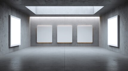 Fototapete - Modern concrete art gallery featuring skylighted interior, white canvases hanging on textured walls, representing minimalist contemporary design aesthetic