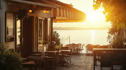 Poster - A serene sunset scene with a restaurant in the background, perfect for use in travel, hospitality or food-related projects