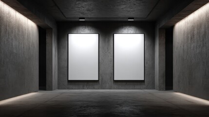 Poster - Dark concrete wall hosting two vertical mockup frames, softly illuminated by spotlights. Ambient light strips defining room perimeter, generating dramatic minimalist environment